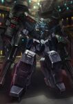  artist_logo blue_eyes blurry blurry_background catwalk_(walkway) commentary commission english_commentary full_body gatling_gun glowing glowing_eyes gundam gundam_00 gundam_virtue hangar highres indoors mecha mecha_focus missile_pod mobile_suit no_humans porukima redesign robot science_fiction shadow shoulder_cannon solo standing v-fin 