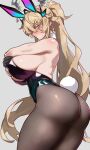  absurdres alternate_hairstyle animal_ears ass back barghest_(fate) black_leotard blonde_hair blush breasts detached_collar ebora fake_animal_ears fake_tail fate/grand_order fate_(series) heterochromia highres horns huge_breasts leotard looking_at_viewer looking_back pantyhose playboy_bunny ponytail rabbit_ears rabbit_tail strapless strapless_leotard tail tall_female wrist_cuffs 