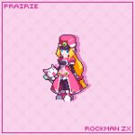  1girl black_bodysuit blonde_hair blue_eyes bodysuit bodysuit_under_clothes cat character_name cleavage_cutout clothing_cutout coat copyright_name hat long_hair looking_at_viewer mega_man_(series) mega_man_zx nghtmrsrph pink_coat pink_footwear pink_headwear pixel_art prairie_(mega_man) shako_cap solo stuffed_toy 