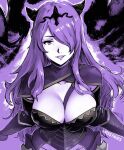  1girl armor black_armor breasts camilla_(fire_emblem) cleavage fire_emblem fire_emblem_fates hair_over_one_eye large_breasts lipstick looking_at_viewer makeup miss_faves monochrome purple_eyes purple_hair purple_lips solo tiara wavy_hair 