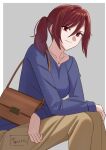  1girl aozaki_touko bag blue_shirt border brown_bag brown_pants closed_mouth collarbone commentary_request earrings grey_background handbag highres jewelry kara_no_kyoukai long_hair looking_at_viewer necklace outside_border pants ponytail red_eyes red_hair shintyoi2 shirt sidelocks simple_background sitting smile solo white_border 