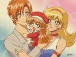  1990s_(style) 1boy 2girls aged_up armband baby bare_shoulders beret blonde_hair blue_eyes blush_stickers breasts brown_eyes carrying child child_carry choker cleavage collarbone couple cutie_honey cutie_honey_flash dated earrings eyelashes family gradient_background grey_jacket hairband hat hayami_seiji_(flash) hayami_seira heart heart_choker jacket jewelry kisaragi_honey long_hair looking_at_another medium_bangs medium_breasts miroku_(miroku_t) multiple_girls no_nose open_clothes open_jacket orange_hair parody parted_bangs red_choker red_hairband red_shirt retro_artstyle ring shirt short_hair sidelocks signature simple_background smile style_parody wavy_hair 