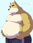 2024 anthro belly big_belly black_nose blush bottomwear brown_body canid canine canis clothing domestic_dog ellipsis emufu hi_res kemono male mammal moobs nipples overweight overweight_male pants simple_background solo