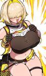  1girl :3 bag bare_shoulders belt black_gloves blonde_hair blush breasts detached_sleeves elegg_(nikke) english_commentary fang gloves goddess_of_victory:_nikke hair_flaps hair_intakes hair_over_eyes huge_breasts kingbawoon micro_shorts open_mouth short_hair shorts simple_background solo stomach sweat thigh_strap white_shorts 