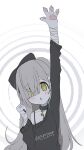  1girl :o @_@ animal_collar animal_ears animal_hands arm_up bandaged_arm bandaged_fingers bandages black_bow black_sweater blush bow bra_strap clenched_hand collar fewer_digits furry furry_female grey_hair group_name hair_bow hair_over_one_eye highres long_hair long_sleeves looking_at_viewer off_shoulder original oyasu_miyo pawpads scar scar_on_chest solo spiral stitched_torso stitches sweater upper_body vreparty weezer_(band) white_background yellow_eyes 