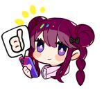  1girl bow braid bright_pupils chibi closed_mouth denonbu double_bun hair_between_eyes hair_bow hair_bun holding holding_phone inubousaki_shian kurumitsu looking_at_viewer lowres notice_lines official_art phone portrait purple_eyes sidelocks smile solo spoken_thumbs_up thumbs_up transparent_background twin_braids white_pupils 