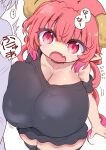  1boy 1girl ^^^ aida_taketo black_shirt black_thighhighs blush breast_press breasts commentary_request cool-kyou_shinja dragon_girl dragon_horns fang gigantic_breasts gradient_hair highres horns ilulu_(maidragon) kobayashi-san_chi_no_maidragon long_hair looking_at_viewer multicolored_hair open_mouth oppai_loli pink_hair pointy_ears red_eyes red_hair shirt shortstack simple_background skin_fang skindentation slit_pupils solo_focus sound_effects sweatdrop thighhighs translation_request twintails white_background yellow_horns 