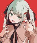  1girl bandaid bandaid_on_neck claw_pose green_eyes green_hair hair_ornament hatsune_miku heart heart_hair_ornament highres jacket looking_at_viewer mask mask_pull mouth_mask okome_(okome_0627ha) red_background red_jacket red_nails smile solo vampire_(vocaloid) vocaloid 