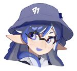  1girl blue_eyes blue_hair blue_headwear commentary commission eyelashes hat highres inkling inkling_girl inkling_player_character long_hair long_pointy_ears open_mouth pointy_ears redbeanpie0 simple_background smile solo splatoon_(series) tentacle_hair upper_body white_background 