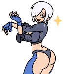  1girl angel_(kof) ass blue_eyes breasts chaps cleavage drawbuster fingerless_gloves from_behind gloves hair_over_one_eye jacket short_hair stretching the_king_of_fighters the_king_of_fighters_xv white_hair 