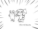  1girl :x chibi commentary_request goma_(gomasamune) hair_between_eyes hair_ribbon highres monochrome motion_lines open_mouth rabbit ribbon rumia running short_hair sweatdrop touhou twitter_username 
