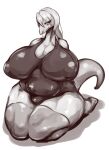  anthro big_breasts biped breasts cleavage clothed clothing female hair huge_breasts huge_thighs kneeling lizard looking_away monochrome nipple_outline one-piece_swimsuit overweight overweight_anthro overweight_female reptile scalie simple_background solo solterv swimwear thick_thighs white_background 