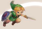action_pose blonde_hair blue_eyes boots clothing elf footwear hair hat headgear headwear hi_res holding_object holding_sword holding_weapon humanoid humanoid_pointy_ears hylian hylian_shield light_body light_skin male melee_weapon nintendo not_furry ocarina_of_time olxexlo pose shield signature simple_background solo sword the_legend_of_zelda weapon young_link