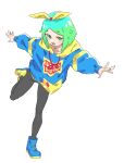  1girl :d black_pantyhose blue_footwear blue_hair blue_hoodie bow fugota6509 full_body green_eyes green_hair hair_bow highres hood hood_down hoodie idol_time_pripara long_sleeves looking_at_viewer multicolored_hair nijiiro_nino no_pants open_mouth outstretched_arms pantyhose pretty_series pripara red_ribbon ribbon shoes short_hair simple_background smile sneakers solo spread_arms standing standing_on_one_leg swept_bangs white_background yellow_bow 