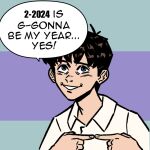  1boy 2024 black_hair commentary english_text grey_eyes ikari_shinji index_fingers_together lcr_comics male_focus multicolored_background neon_genesis_evangelion polo_shirt simple_background smile solo upper_body 