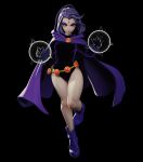  1girl bare_legs belt cape furrowed_eyebrows highres leotard looking_at_viewer purple_cape purple_eyes purple_footwear purple_hair purple_hood purple_leotard raven_(dc) teen_titans zaphk 