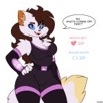 1:1 anthro breasts brown_hair clothed clothing domestic_cat english_text felid feline felis female fully_clothed fur hair hi_res mammal mileena_smith_(travis_the_dragon) solo strip_game text thick_thighs travis_the_dragon white_body white_fur