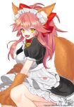  1girl :d animal_collar animal_ear_fluff animal_ears animal_hands apron bell black_dress bow breasts collar commentary copyright_notice dress fangs fate/grand_order fate_(series) feet_out_of_frame fox_ears fox_tail frilled_dress frills gloves hair_between_eyes hair_bow jingle_bell long_hair looking_at_viewer maid maid_apron maid_headdress neck_bell on_ground open_mouth paw_gloves pikatsu pink_hair puffy_short_sleeves puffy_sleeves red_bow red_collar short_sleeves signature simple_background smile solo symbol-only_commentary tail tamamo_(fate) tamamo_cat_(fate) tamamo_cat_(second_ascension)_(fate) white_apron white_background yellow_eyes 