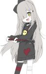  1girl @_@ animal_collar animal_hands bandaged_leg bandages black_bow black_hoodie blunt_bangs blush bow claws collar fangs feet_out_of_frame floppy_ears furry furry_female grey_hair hair_bow hair_ornament hair_over_one_eye highres holding_crowbar hood hood_down hoodie long_hair long_sleeves looking_at_viewer no_pants open_mouth original oyasu_miyo print_hoodie rabbit_hair_ornament simple_background single_thighhigh smile smiley_face solo standing striped_clothes striped_thighhighs thighhighs vreparty white_background yellow_eyes 