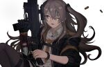  1girl 5kpgte bracelet brown_hair commentary_request girls_frontline gun h&amp;k_ump hair_between_eyes highres holding holding_weapon hood hood_down hooded_jacket jacket jewelry long_hair magazine_(weapon) mechanical_arms mod3_(girls_frontline) one_eye_closed one_side_up open_mouth pantyhose pleated_skirt scar scar_across_eye shell_casing shirt single_mechanical_arm skirt sleeves_rolled_up solo submachine_gun trigger_discipline ump45_(girls_frontline) weapon white_background white_shirt yellow_eyes yellow_neckwear 