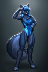 2024 absurd_res anthro arm_tuft blue_clothing blue_eyes blue_hair blue_swimwear breasts canid canine canis clothing collarbone digitigrade elbow_tuft eyebrow_through_hair eyebrows eyelashes feet female hair hand_on_hip hi_res hip_tuft inner_ear_fluff looking_at_viewer mammal mykegreywolf one-piece_swimsuit shoulder_tuft small_breasts solo standing swimwear translucent translucent_hair tuft wolf