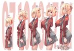  1girl age_progression aged_down aged_up belt blonde_hair blue_ribbon bob_cut breasts closed_mouth commentary_request dress finger_gun from_side grey_dress hair_ribbon half_updo highres huge_breasts long_sleeves looking_at_viewer lycoris_recoil lycoris_uniform neck_ribbon nishikigi_chisato numbered open_mouth pleated_dress red_belt red_dress red_eyes red_ribbon ribbon short_hair smile two-tone_dress yazawa_mana 