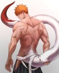  1boy absurdres back back_focus back_muscles bara black_pants bleach cowboy_shot demon_boy demon_tail gradient_background hakama hakama_pants highres japanese_clothes kurosaki_ichigo looking_back male_focus muscular muscular_male nanoli21 orange_hair pants short_hair simple_background solo sweat tail thick_tail topless_male two-tone_tail veins veiny_arms 