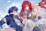  1boy 1girl absurdres arm_tattoo armor belt blue_hair blue_skirt blue_sky blush carrying carrying_person cloud cloudy_sky couple erza_scarlet eye_contact facial_mark fairy_tail floating_hair fur-trimmed_collar fur-trimmed_jacket fur_trim hair_between_eyes hair_over_one_eye hetero high_collar highres jacket jellal_fernandes jyukawa long_hair looking_at_another pants parted_lips princess_carry red_eyes red_hair short_hair skirt sky spiked_hair tattoo teeth white_pants yellow_eyes 