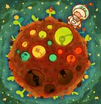  1boy arms_up big_nose brown_hair buttons closed_eyes commentary flower gloves helmet koda_kodachi leaf male_focus olimar pikmin_(creature) pikmin_(series) planet pointy_ears radio_antenna red_flower red_gloves short_hair space space_helmet spacesuit star_(sky) star_(symbol) very_short_hair 