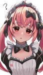  1girl ? absurdres ahoge black_bow black_bowtie black_sleeves bow bowtie cocoa_(nikke) collarbone detached_collar goddess_of_victory:_nikke hair_bow head_tilt highres kurono_suzuran long_hair looking_at_viewer maid maid_headdress pink_hair red_eyes simple_background sketch solo triangle_mouth twintails upper_body white_background wing_collar 