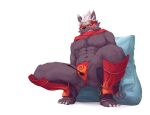 2018 accessory anthro asian_clothing ass_up bodily_fluids brown_body brown_fur bulge butt canid canine canis clothing domestic_dog east_asian_clothing fundoshi fur hair headband headgear headwear japanese_clothing lifewonders lowerkuo male mammal muscular muscular_anthro muscular_male ninja red_eyes scarf simple_background sweat tadatomo tokyo_afterschool_summoners underwear warrior white_hair yellow_eyes