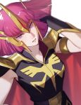 1girl armlet armor artist_logo black_jacket bracer breasts cape commentary_request dutch_angle gundam gundam_zz haman_karn hand_in_own_hair headpiece jacket logo looking_at_viewer medium_breasts medium_hair parted_lips pauldrons purple_eyes purple_hair red_cape shoulder_armor simple_background sleeveless sleeveless_jacket solo teeth upper_body ususio_11 white_background zeon 