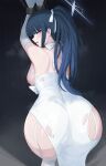  1girl ass back black_hair blue_archive blue_eyes blue_hair blue_halo blunt_bangs blush breasts cbmus choker cuffs dress elbow_gloves from_behind furrowed_brow garter_straps gloves halo handcuffs hetero highres large_breasts long_hair looking_back nipples official_alternate_costume ponytail restrained saori_(blue_archive) saori_(dress)_(blue_archive) shackles shoulder_blades strapless strapless_dress thighhighs torn_clothes torn_dress torn_gloves torn_thighhighs white_choker white_dress white_gloves white_thighhighs 
