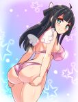  1girl amano_nene_(vtuber) angel_wings ass ass_support back bikini black_hair breasts closed_mouth commentary commission cougar_(cougar1404) cowboy_shot dutch_angle from_behind green_eyes halterneck large_breasts long_hair looking_at_viewer looking_back pink_bikini production_kawaii smile solo standing star_(symbol) starry_background swimsuit two_side_up virtual_youtuber wings 