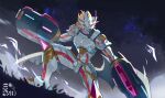  765_nanami absurdres arm_blade arm_cannon armor artist_logo blonde_hair covered_mouth digimon digimon_(creature) dragon dust highres horns night night_sky siriusmon sky solo spiked_hair weapon wings yellow_eyes 