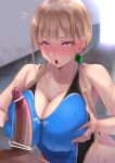  1boy 1girl andouyu bangs blonde_hair blush breast_grab breast_press breasts cleavage competition_swimsuit grabbing large_breasts naughty_face one-piece_swimsuit open_mouth original paizuri penis surprised sweat swimsuit twintails wet 
