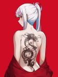  1girl back_tattoo backless_dress backless_outfit dragon dress highres koizumike looking_at_viewer looking_back medium_hair multicolored_hair orange_eyes original streaked_hair tattoo white_hair 