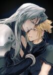  2boys armor black_background black_coat black_gloves black_sweater blonde_hair blue_eyes chest_strap clenched_teeth cloud_strife coat commentary_request earrings evil_smile final_fantasy final_fantasy_vii gloves green_eyes grey_hair hand_in_another&#039;s_hair hand_on_another&#039;s_chest hand_on_another&#039;s_neck high_collar highres jeff_000000 jewelry long_hair long_sleeves looking_down looking_up male_focus multiple_boys open_clothes open_coat parted_lips pauldrons sephiroth short_hair shoulder_armor sleeveless sleeveless_sweater sleeveless_turtleneck smile smirk spiked_hair strangling stud_earrings sweater teeth turtleneck upper_body yaoi 