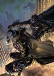  2boys armor batman batman_(series) black_cape black_gloves blue_eyes cape city clenched_hand gloves highres holding_grenade joker_(dc) male_focus mask multiple_boys open_hand shimoguchi_tomohiro superhero 