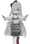  1girl :3 @_@ absurdres animal animal_collar animal_hands bandaged_leg bandages black_bow black_shorts blunt_bangs blush body_fur bow camisole claws collar crab fangs feet_out_of_frame flat_chest furrowed_brow furry furry_female grey_hair hair_bow hair_ornament hair_over_one_eye hairclip highres holding holding_animal looking_at_viewer one_eye_covered open_mouth original scar scar_on_chest shorts simple_background single_thighhigh skin_fangs solo standing stitches striped_camisole striped_clothes striped_thighhighs thighhighs vreparty white_background white_fur yellow_eyes 