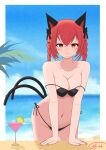  1girl absurdres animal_ears bikini black_bikini blue_sky blurry blurry_background blush breasts cat_ears cat_girl cat_tail chiaki_koizumi cleavage closed_mouth cloud collarbone cup drinking_glass highres kaenbyou_rin large_breasts looking_at_viewer medium_hair multiple_tails navel nekomata outdoors red_eyes red_hair signature sky solo swimsuit tail touhou two_tails variant_set 