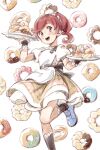  1girl apron black_socks blue_footwear blush brown_dress doughnut dress food food-themed_background foot_out_of_frame highres holding holding_tray idolmaster idolmaster_cinderella_girls imay3927 kneehighs looking_at_viewer medium_hair open_mouth pile ponytail puffy_short_sleeves puffy_sleeves red_hair ringlets shiina_noriko shoes short_sleeves smile socks solo standing standing_on_one_leg swept_bangs tray waitress white_apron white_background wrist_cuffs 