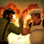  2023 2boys antonblast apron beard biceps black_hair black_overalls black_shirt chef_hat commentary crossover dynamite_anton english_commentary epic_handshake_(meme) explosion facial_hair fat fat_man fingernails from_side green_headwear green_shirt grin hat highres long_sleeves looking_at_another male_focus manly meme multiple_boys muscular muscular_male mustache nurve26 overalls peppino_spaghetti pizza_tower profile shirt short_hair short_sleeves signature smile teeth thick_beard thick_mustache trait_connection upper_body v-shaped_eyebrows white_apron white_headwear 