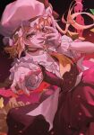  1girl blonde_hair choker crystal fingernails flandre_scarlet gradient gradient_background hat hat_ribbon highres jojo_no_kimyou_na_bouken jojo_pose long_fingernails long_hair looking_at_viewer mob_cap one_eye_closed open_mouth pose red_background red_eyes red_nails red_ribbon red_skirt red_vest ribbon shirt short_sleeves side_ponytail skirt slit_pupils smile solo touhou ttk_(kirinottk) vest white_headwear white_shirt wrist_cuffs yellow_neckwear 