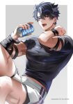  1boy abs bandages black_hair black_shirt blue_eyes can earrings genshin_impact grey_hair hair_between_eyes highres holding holding_can jewelry male_focus midriff multicolored_hair open_mouth scar shirt short_hair shorts solcha solo streaked_hair tongue tongue_out white_shorts wriothesley_(genshin_impact) 