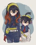  1boy 1girl bag black_hair blue_jacket blue_shirt blush brother_and_sister carmine_(pokemon) collared_shirt crossed_bangs gloves hair_between_eyes highres ishidzuki655 jacket kieran_(pokemon) long_hair long_sleeves mole mole_on_neck mole_under_eye multicolored_hair necktie pants parted_lips partially_fingerless_gloves pokemon pokemon_sv purple_hair red_gloves red_hair red_necktie shirt siblings simple_background single_glove twitter_username white_jacket yellow_bag yellow_eyes 