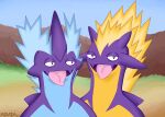 2024 absurd_res amped_toxtricity anthro azusagp digital_media_(artwork) duo generation_8_pokemon hi_res horn looking_at_another looking_at_viewer low_key_toxtricity male nintendo open_mouth outside pokemon pokemon_(species) purple_body tongue tongue_out toxtricity