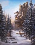  animal animal_focus blue_sky commentary day deer dragon english_commentary fantasy from_side highres justin_gerard landscape lying mountainous_horizon no_humans on_stomach original outdoors pine_tree profile ruins scenery signature sky smoke snow tail tree western_dragon wings winter 