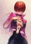  1girl absurdres boots breasts cleavage cleavage_cutout clothing_cutout cropped_jacket earrings hair_over_eyes hara_kenshi highres jewelry large_breasts leotard lipstick long_hair makeup miniskirt ponytail red_hair shermie_(kof) skirt smile solo split_ponytail the_king_of_fighters 