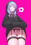  1girl :q absurdres black_hoodie blue_eyes blue_hair cowboy_shot fishnet_thighhighs fishnets garter_belt hands_in_pockets hatsune_miku heart highres hood hood_up hoodie long_hair long_sleeves mask mask_pull mouth_mask partially_visible_vulva pearl_thong pink_hair rabbit_hole_(vocaloid) simple_background solo spoken_heart sseli standing striped_clothes thighhighs tongue tongue_out vocaloid 